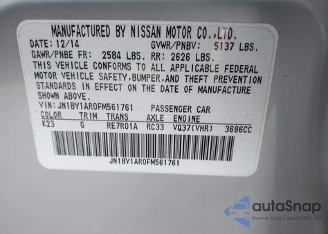 2015 Infiniti Q70 3.7X from USA, damaged, VIN JN1BY1AR0FM561761